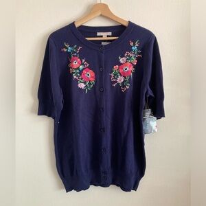 Woman Within Floral Embroidered Sweater Boho Half Sleeve Cardigan 14/16 NWT